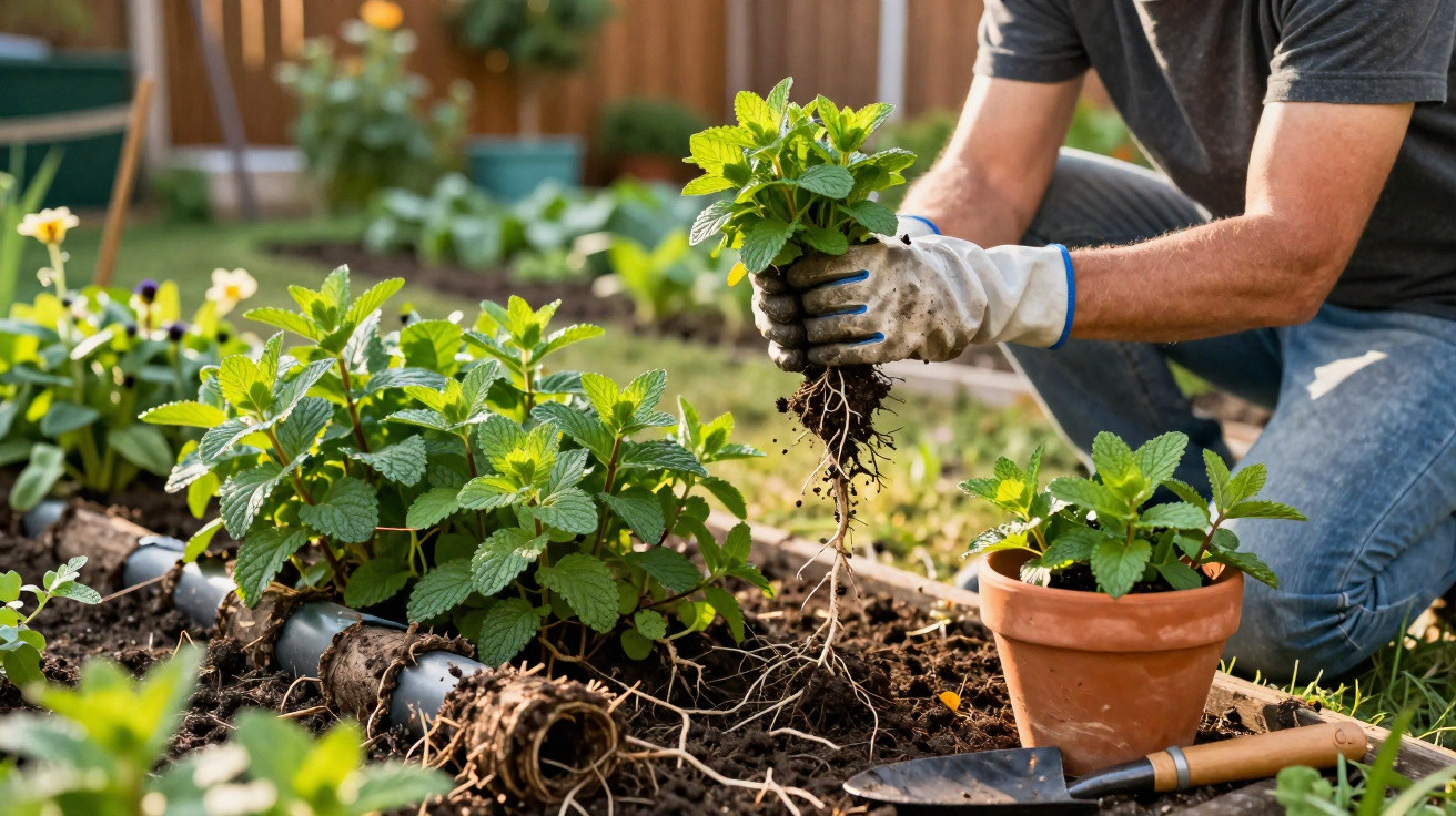 Person wearing gloves planting herb seedlings in a garden bed beside a terracotta pot and garden tools.