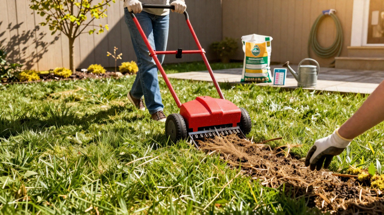 Person using a lawn aerator on a grassy garden, with gardening tools and supplies nearby.