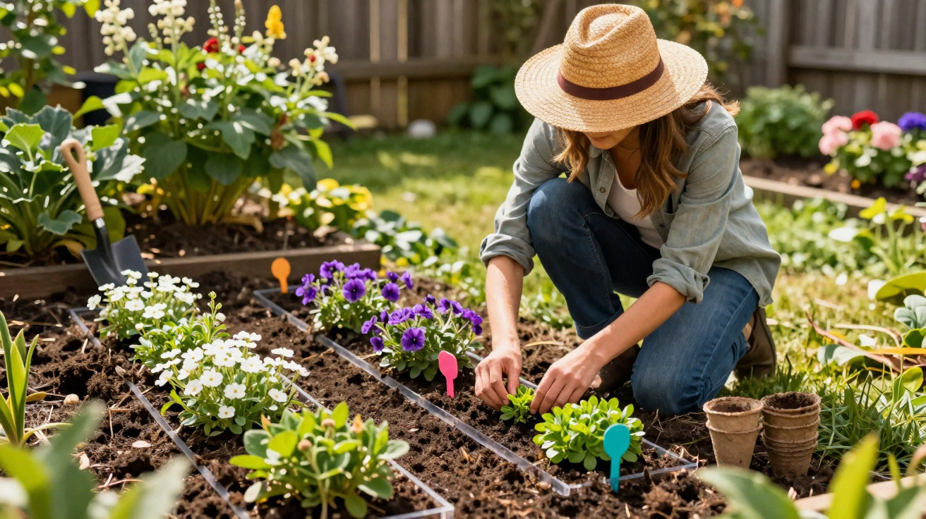 Woman wearing a straw hat planting flowers in organised garden beds with colourful plant markers in sunlight.