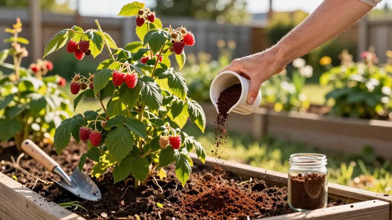 Hand pouring coffee grounds as fertiliser onto soil in a raised garden bed with ripe raspberry plant.