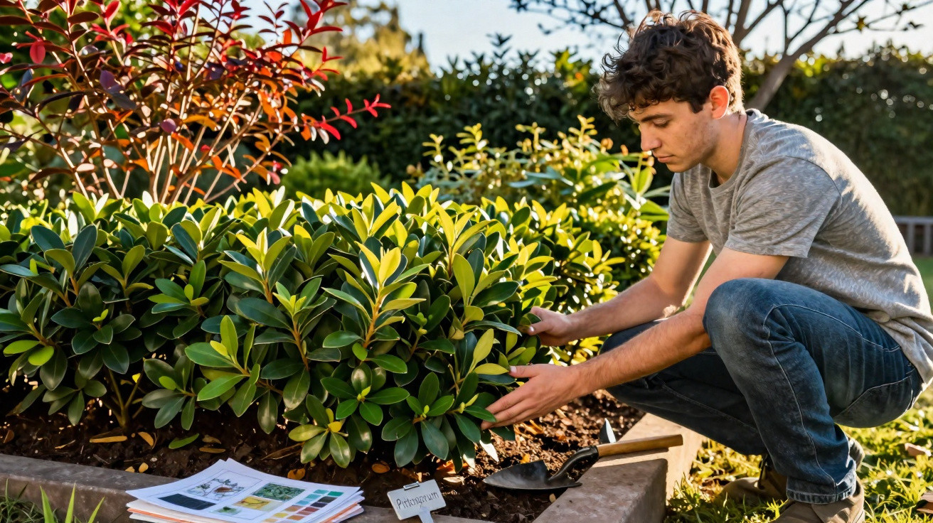 Young man tending to a green shrub in a garden with gardening guides and tools nearby on a sunny day.