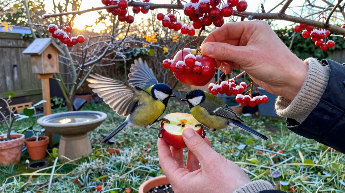 Two great tits eating from a halved apple held by hands near frosted red berries in a garden.