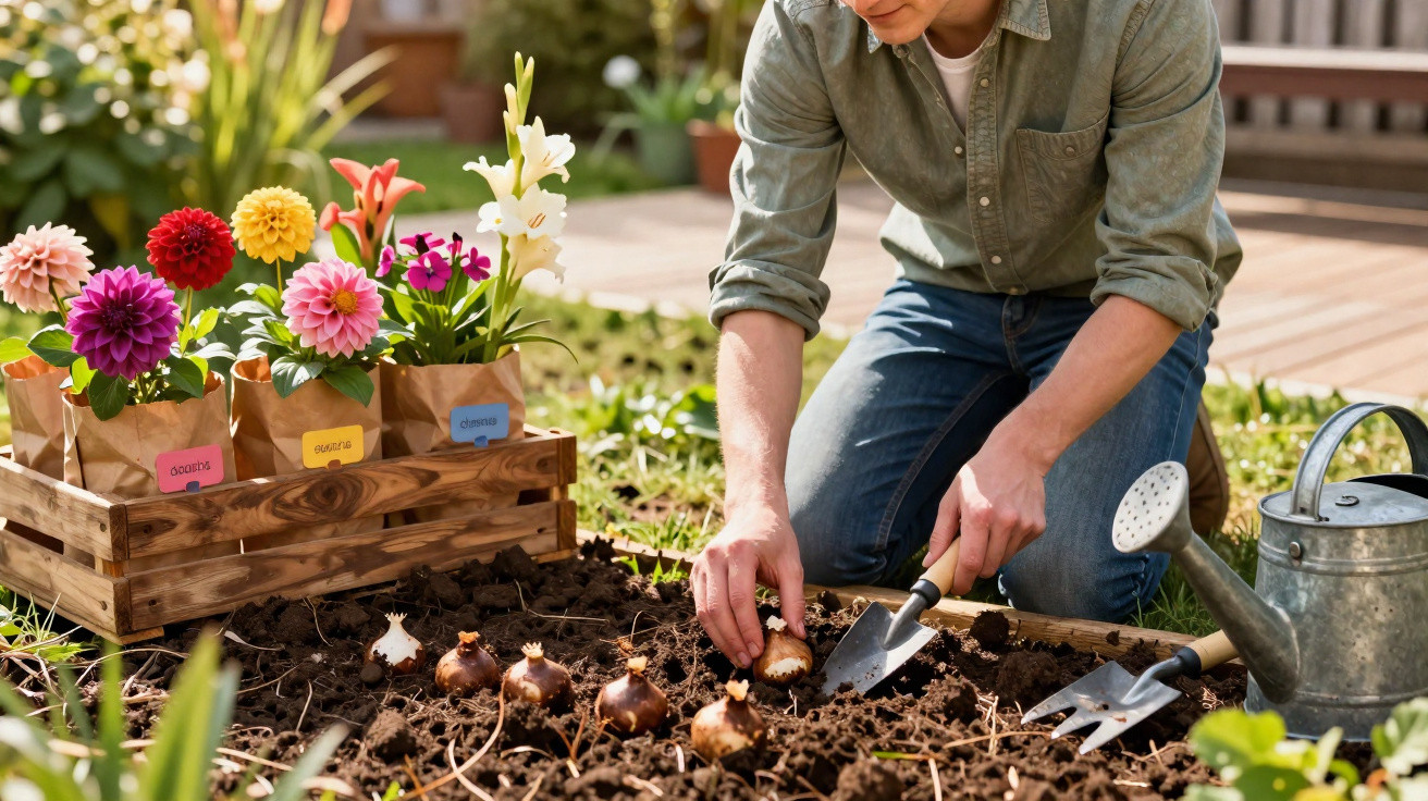 Person planting flower bulbs in soil beside labelled plants and a watering can in a garden.