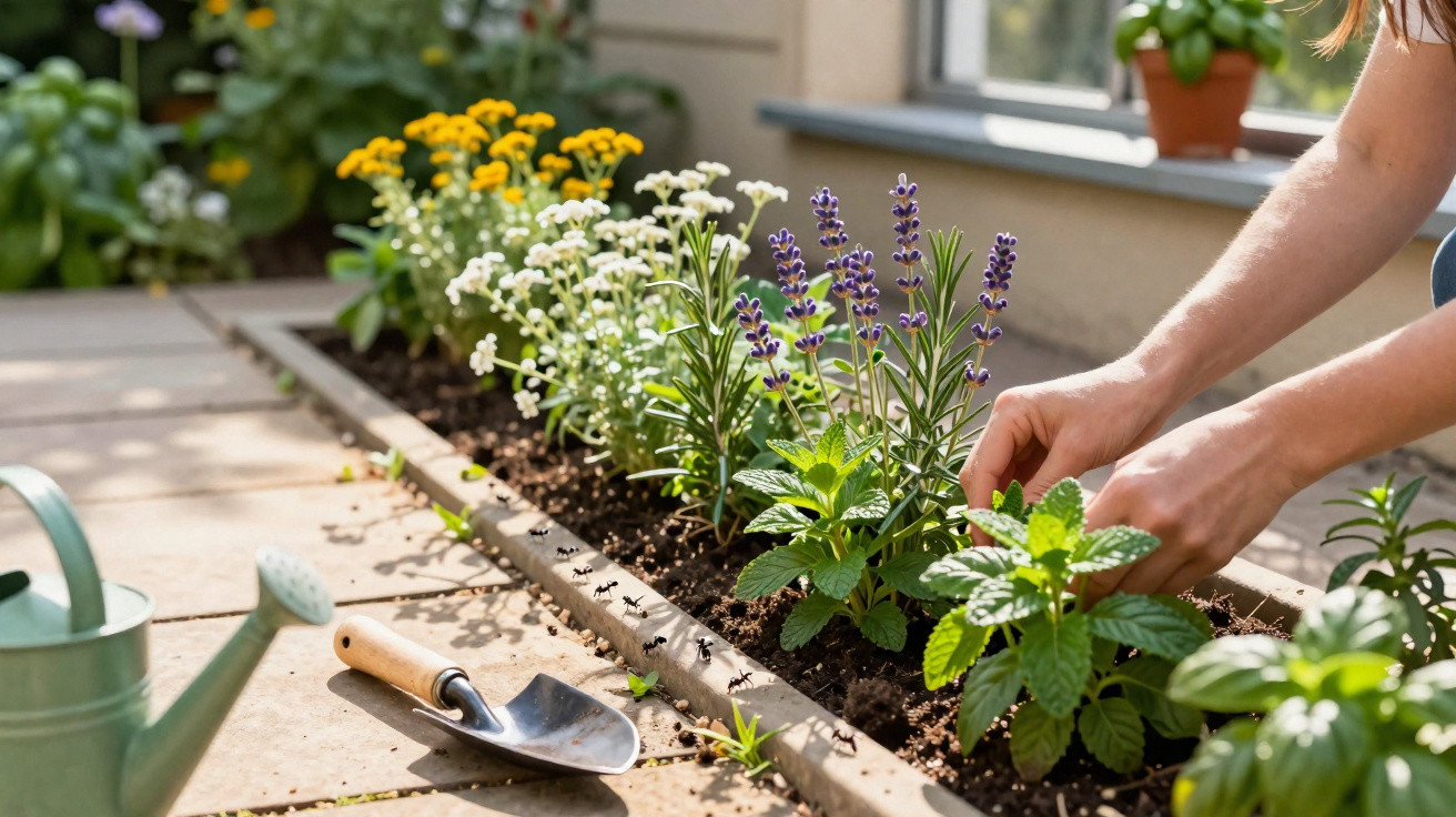 Hands planting herbs and flowers in a garden bed with a watering can and trowel nearby on patio tiles.