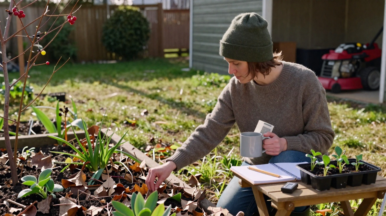Woman in green beanie tending to plants in a garden bed, holding a mug and gardening supplies on a small table.
