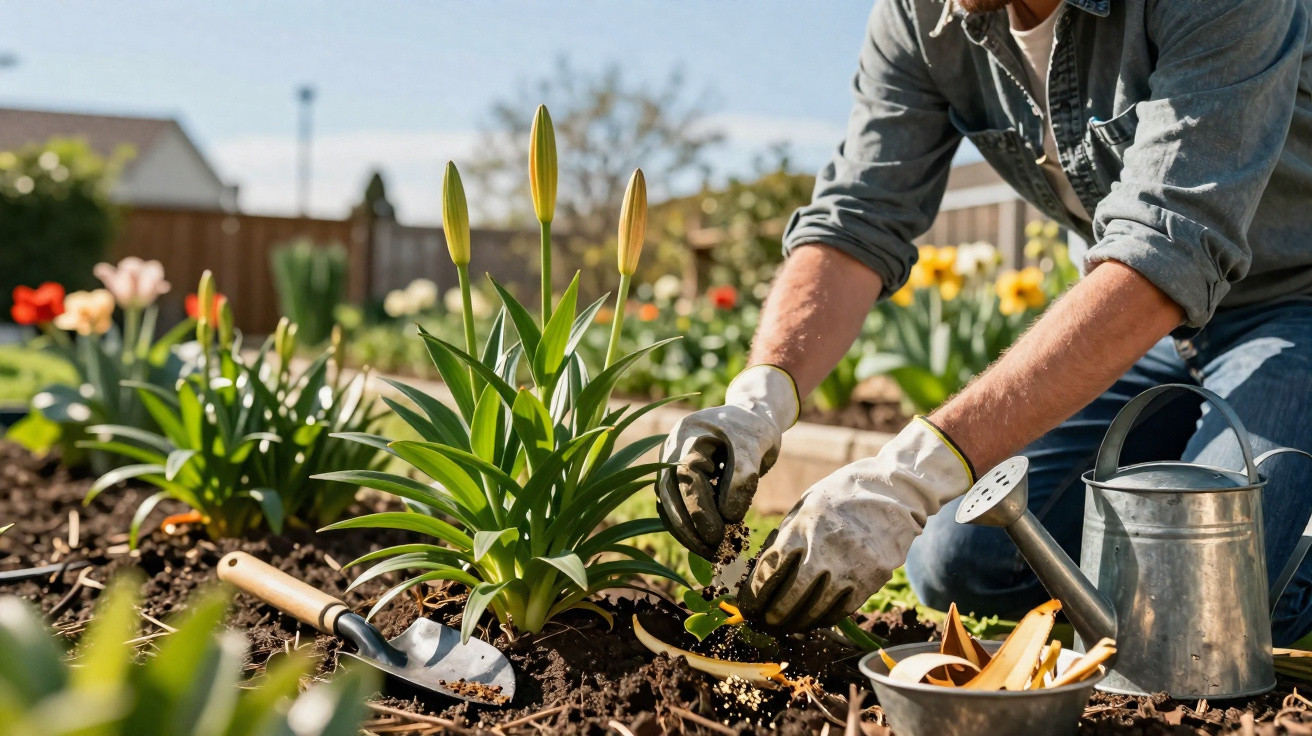 Person wearing gloves planting tulips in a garden bed with gardening tools and a watering can nearby.