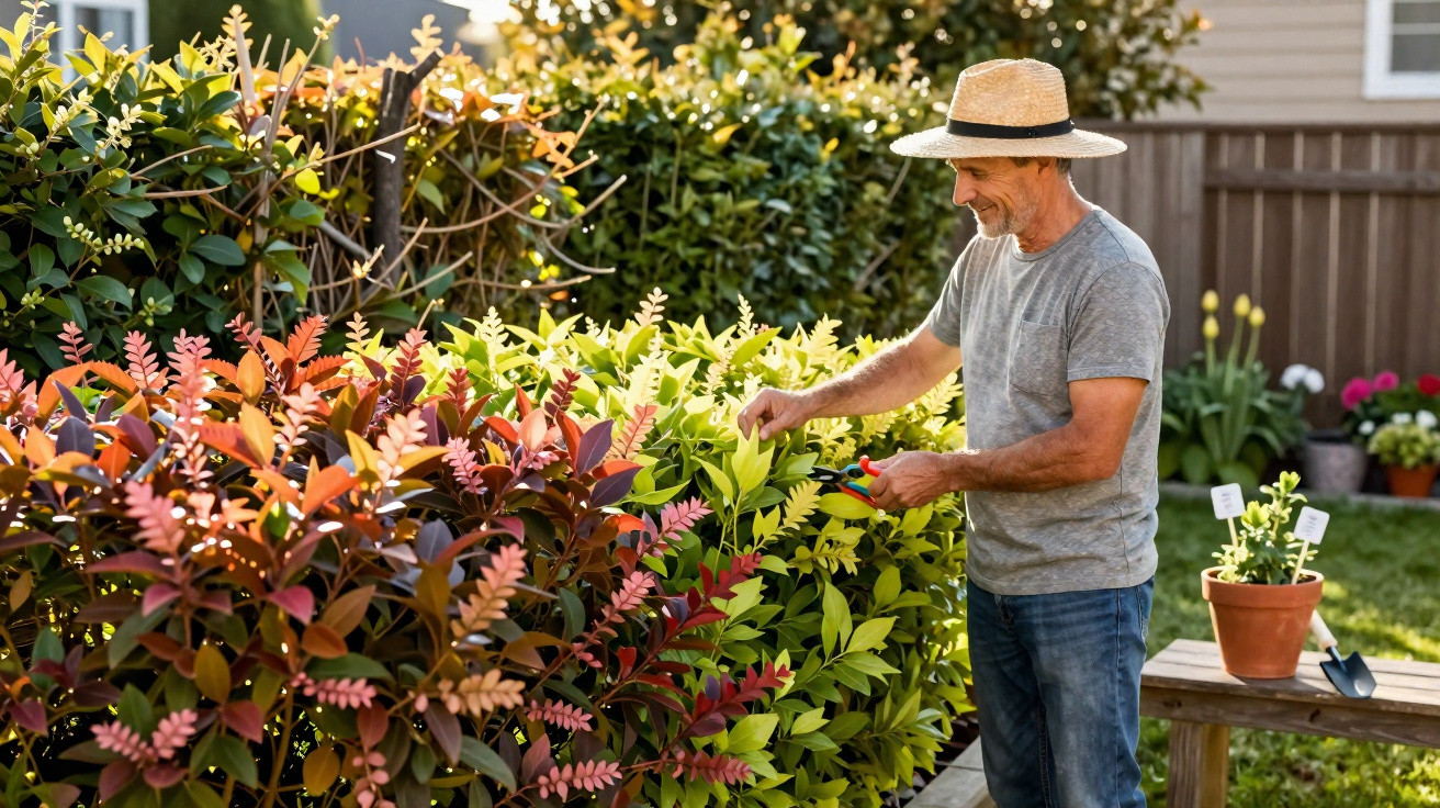 Man wearing a straw hat pruning colourful bushes in a sunny garden near a wooden fence.