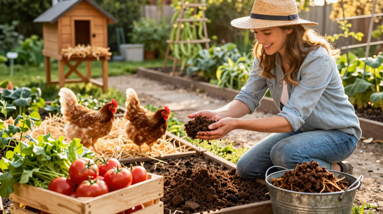 Woman in hat gardening with chickens nearby and fresh tomatoes in a wooden crate in a vegetable garden.