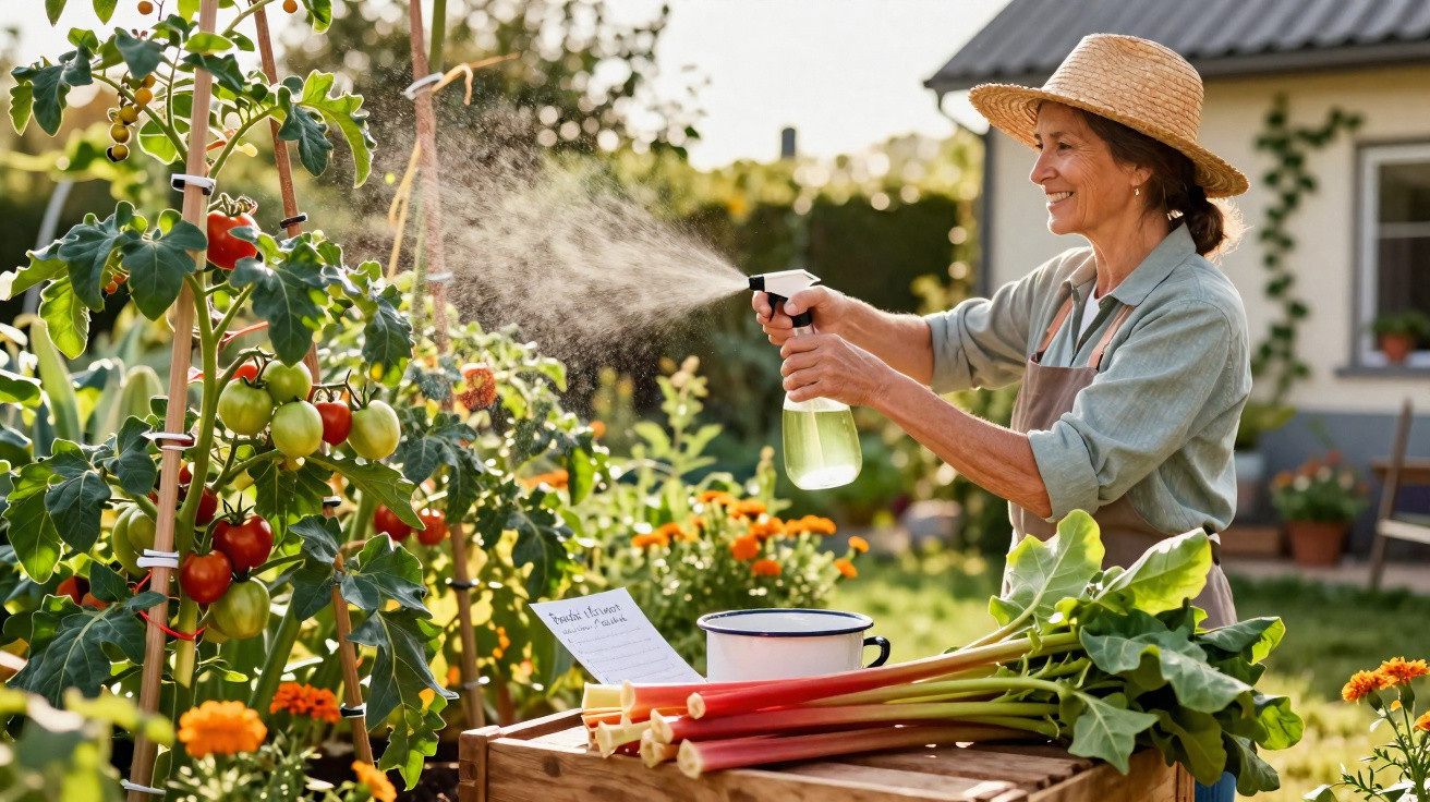 Woman in straw hat spraying tomatoes with water from a spray bottle in a sunny garden.