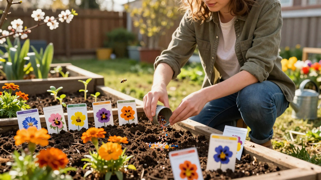 Person planting flower seeds in a garden bed surrounded by flowering plants and labelled seed packets.