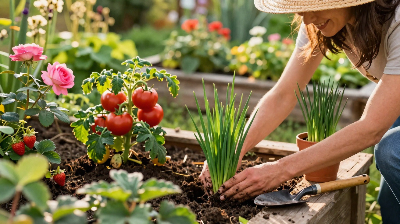 Person planting green shoots in a raised garden bed with tomatoes, roses, and strawberries nearby.