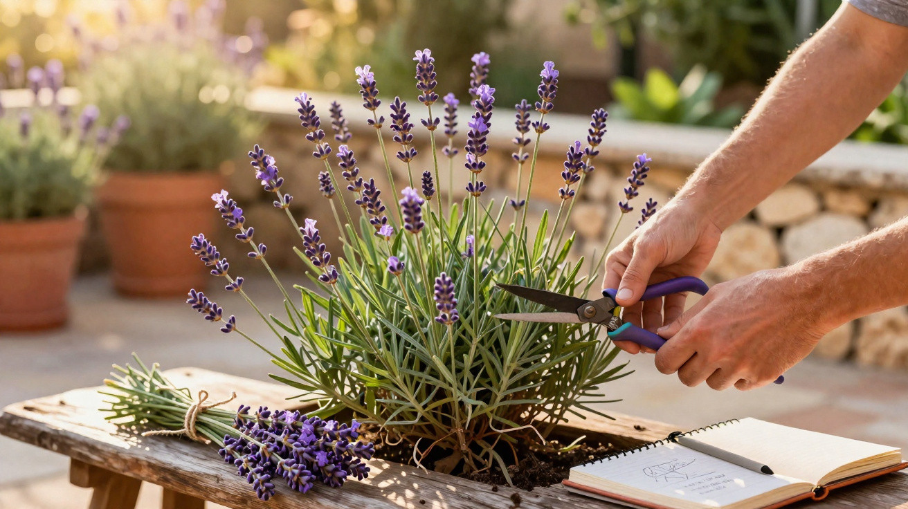 Person trimming lavender plant with shears on wooden table outdoors next to tied lavender bundles and notebook.