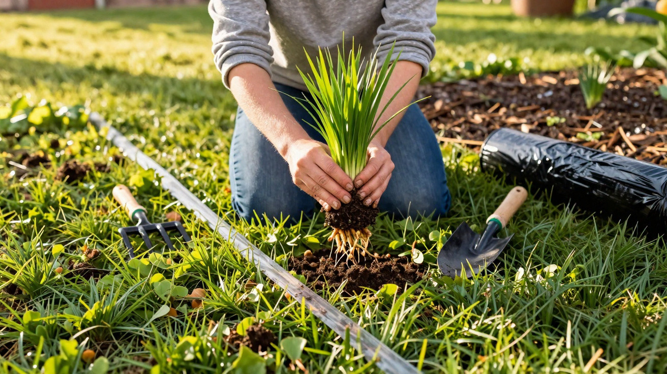 Person kneeling on grass planting a young green plant with gardening tools around them.
