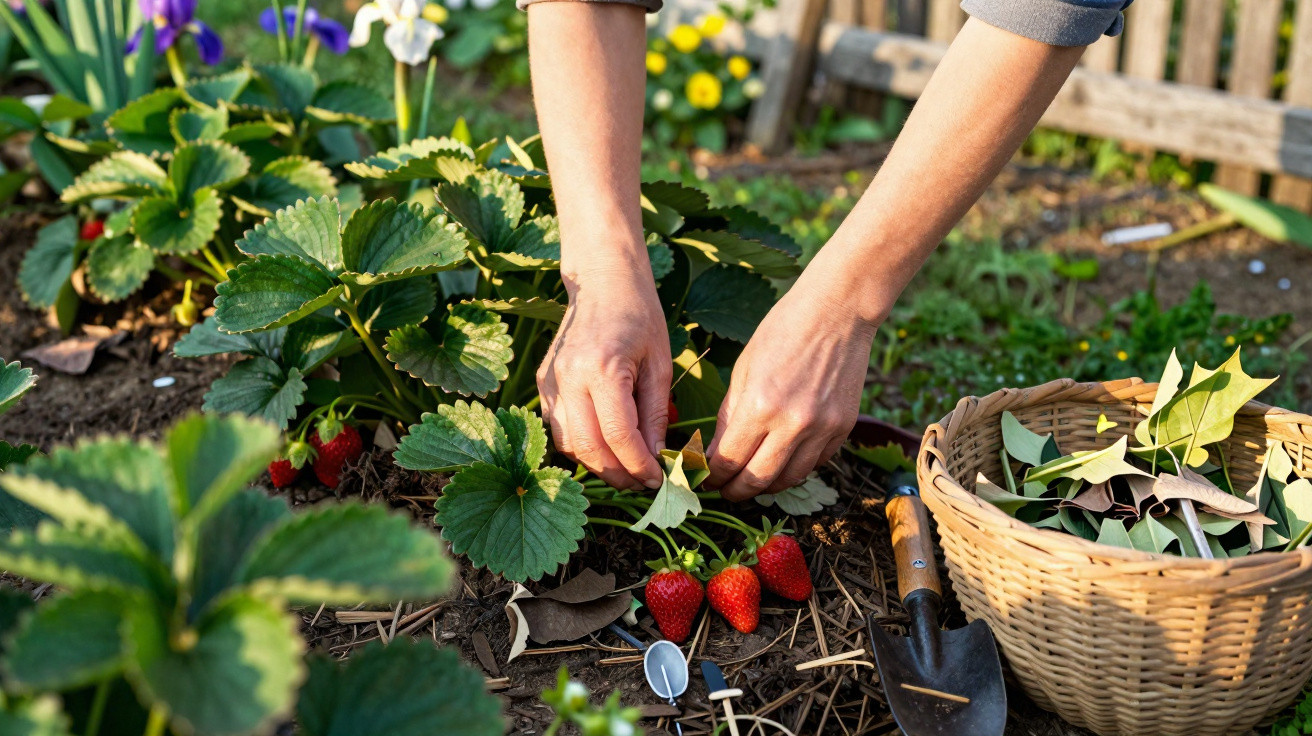 Hands picking ripe strawberries from a garden bed with a basket and gardening trowel nearby.