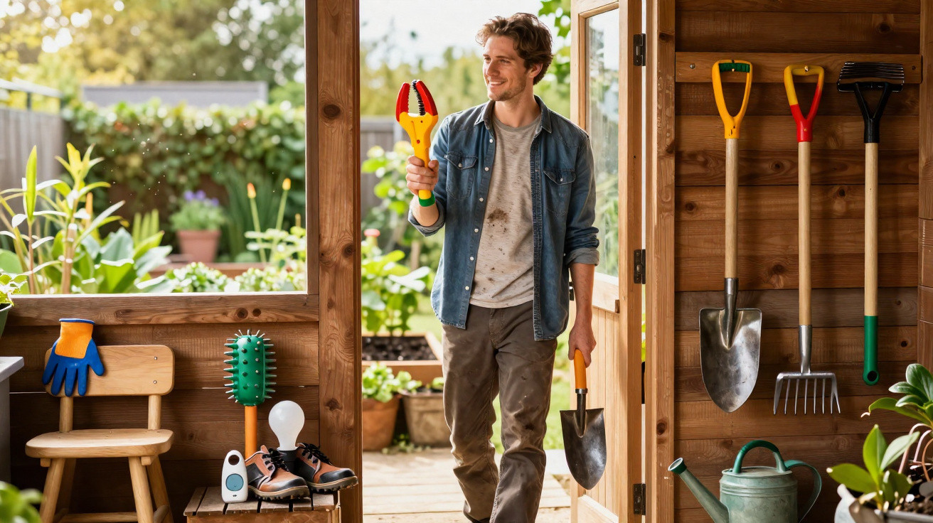 Man holding garden tools standing in a wooden shed with plants and gardening equipment around.