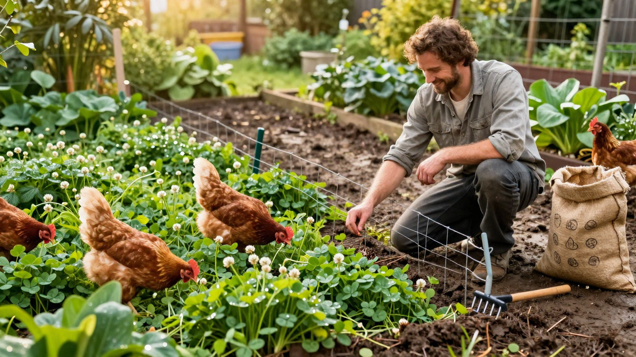 Man crouching and tending plants while chickens forage in a sunny garden patch with greenery.