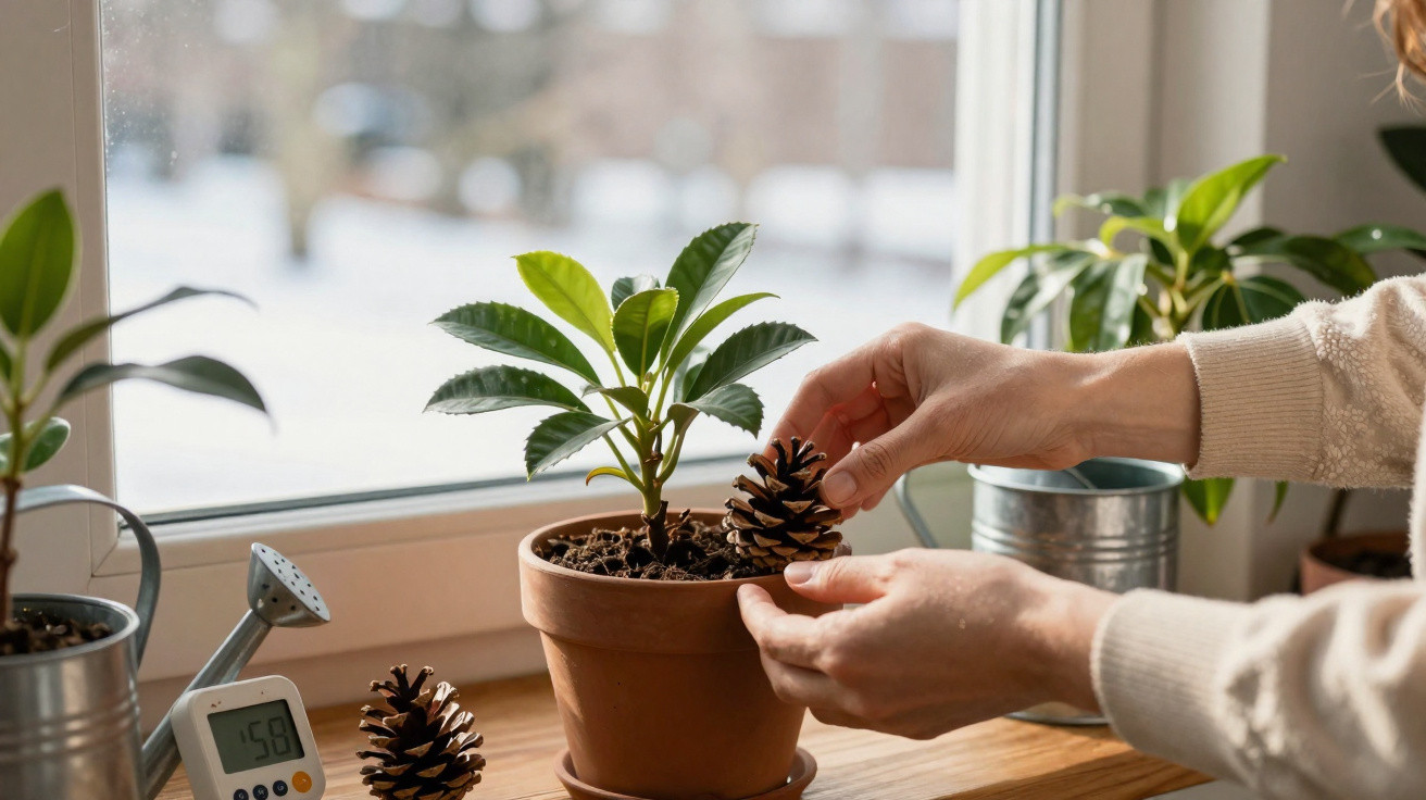 Person placing a pinecone next to a potted plant on a sunny windowsill with other plants nearby.