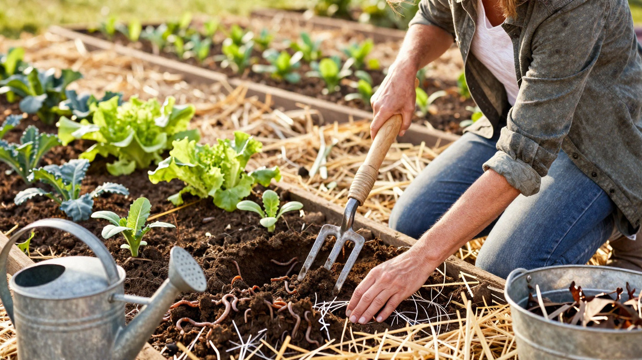 Person gardening, using a hand fork to till soil with earthworms near lettuce and kale plants.