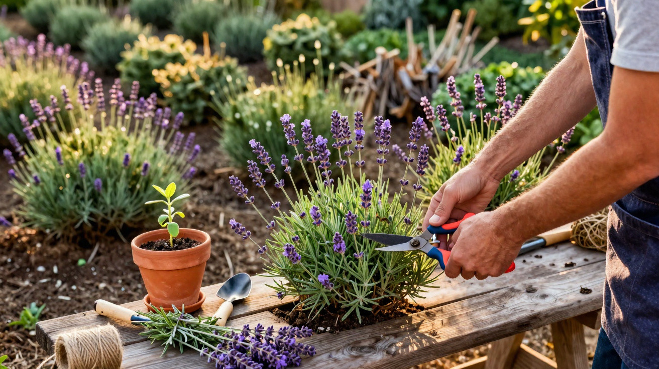 Person pruning lavender plants on a wooden table in a sunlit garden with gardening tools nearby.