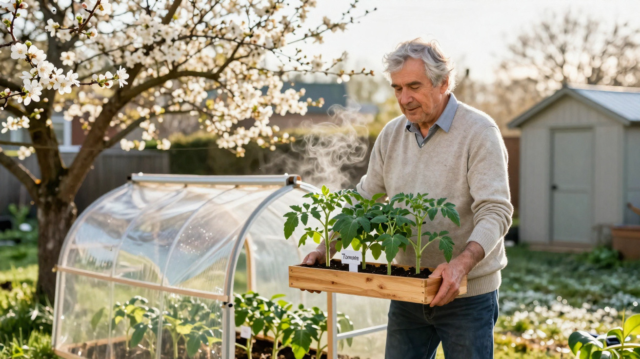 Older man carrying tray of tomato seedlings near greenhouse in spring garden with blooming tree.