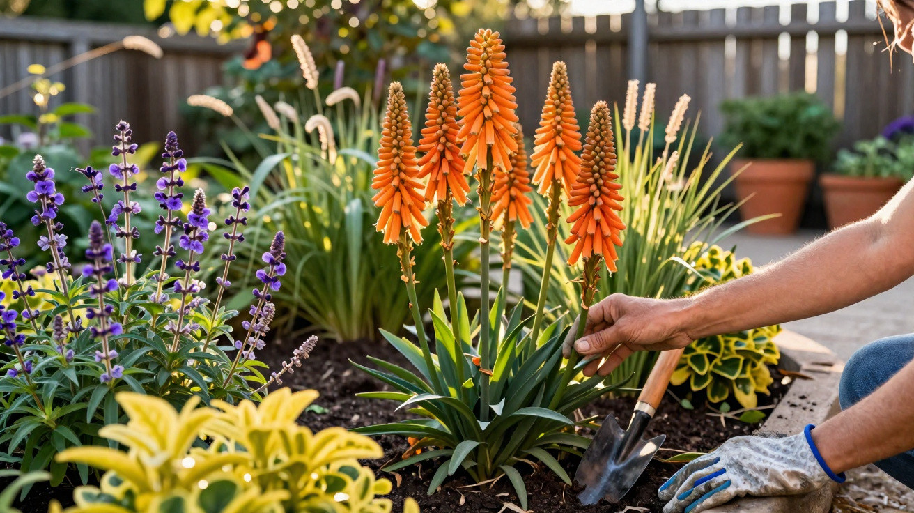 Person tending to vibrant orange and purple flowers in a sunny garden bed near a wooden fence.