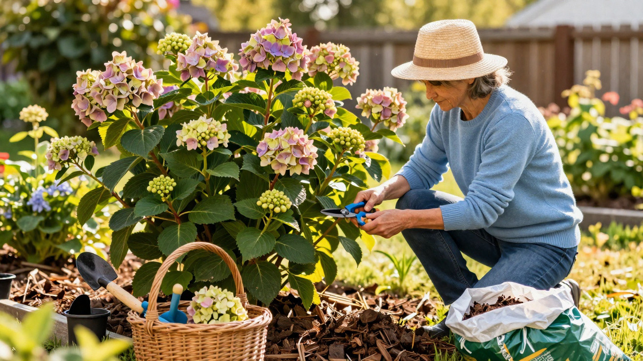 Woman wearing a straw hat pruning hydrangea flowers in a sunny garden with gardening tools nearby