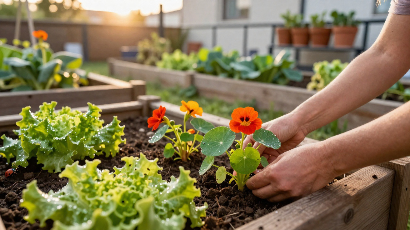 Hands planting bright orange flowers in a raised garden bed with lettuce under warm sunlight.