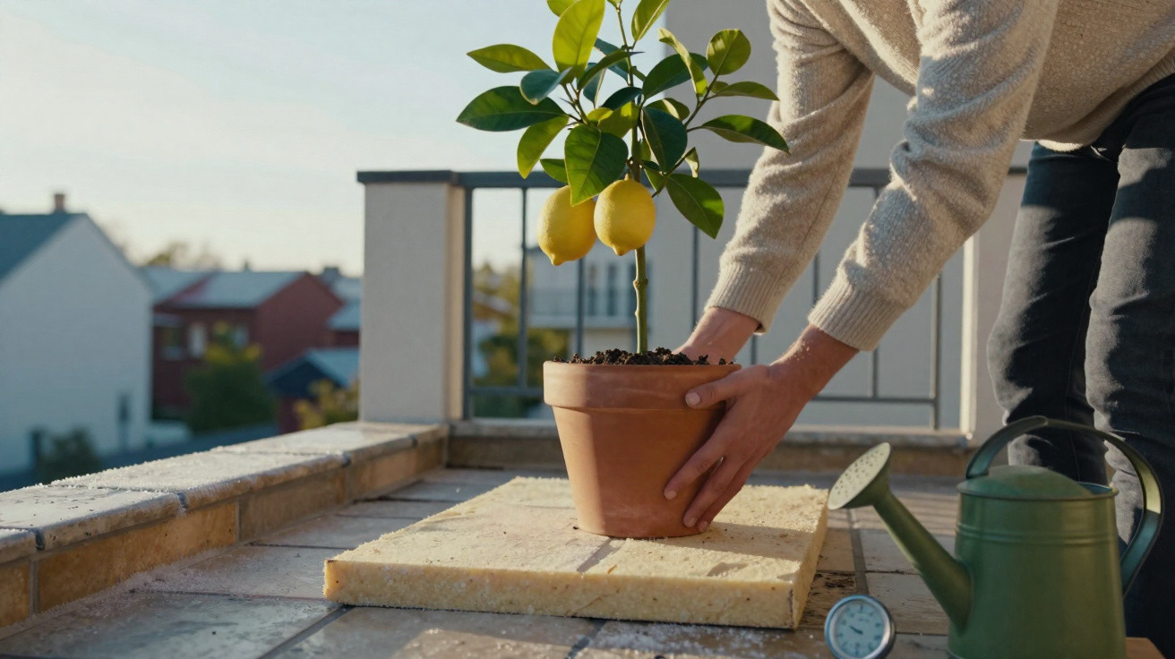 Person placing a potted lemon tree on a balcony with a watering can nearby on a sunny day.