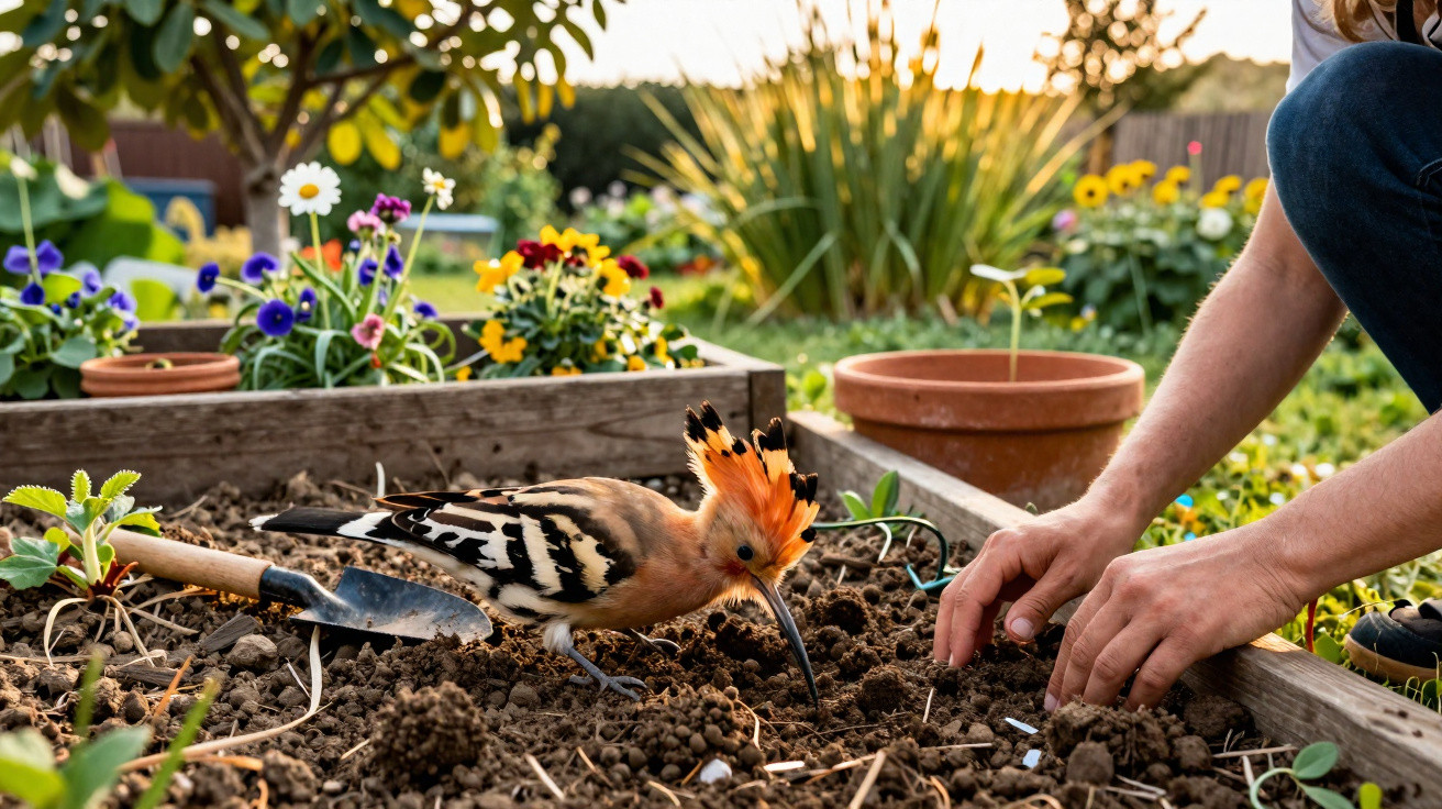 A hoopoe bird foraging in a garden bed next to a person planting seedlings with flowers in the background.