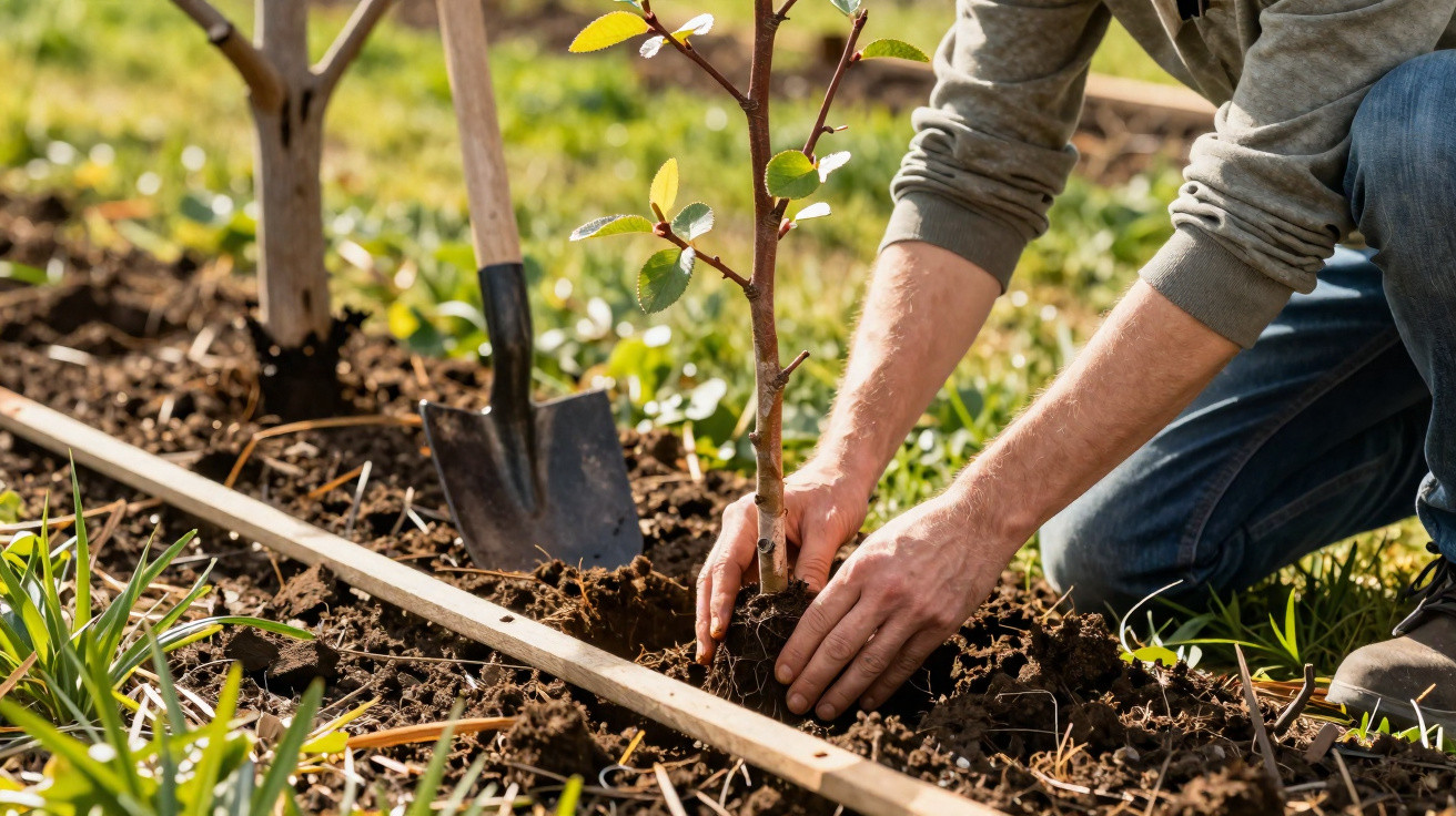 Person planting a young tree in a garden bed with a shovel nearby on a sunny day.