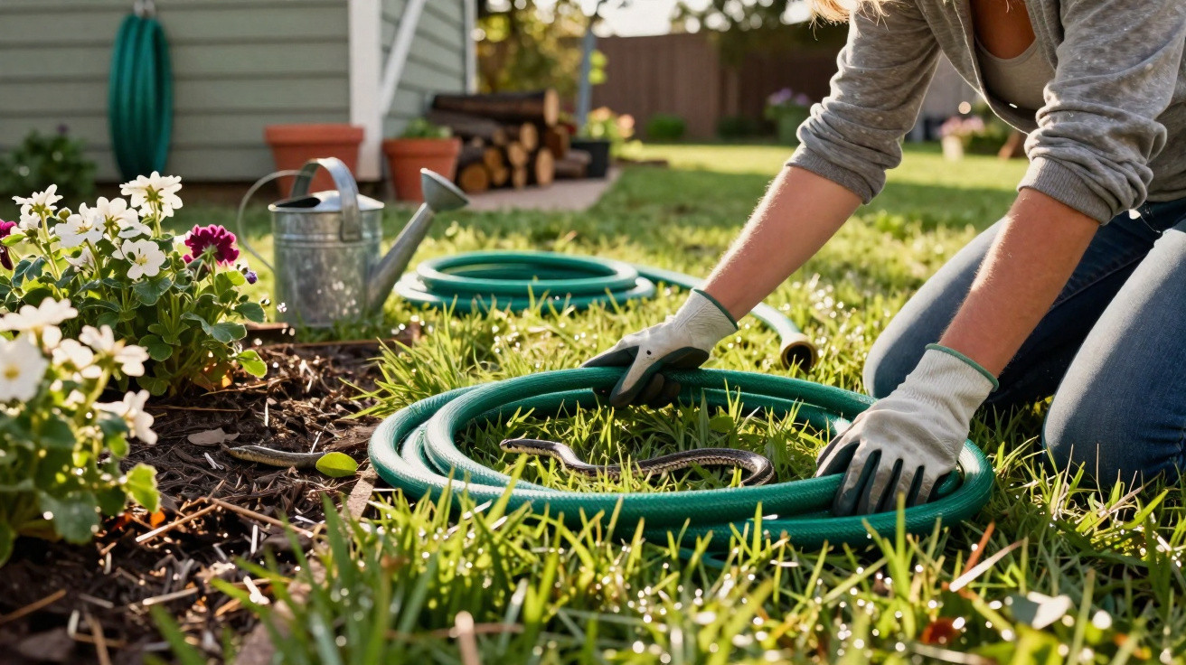 Person carefully handling a snake coiled inside a garden hose on grass near flowers and a watering can.