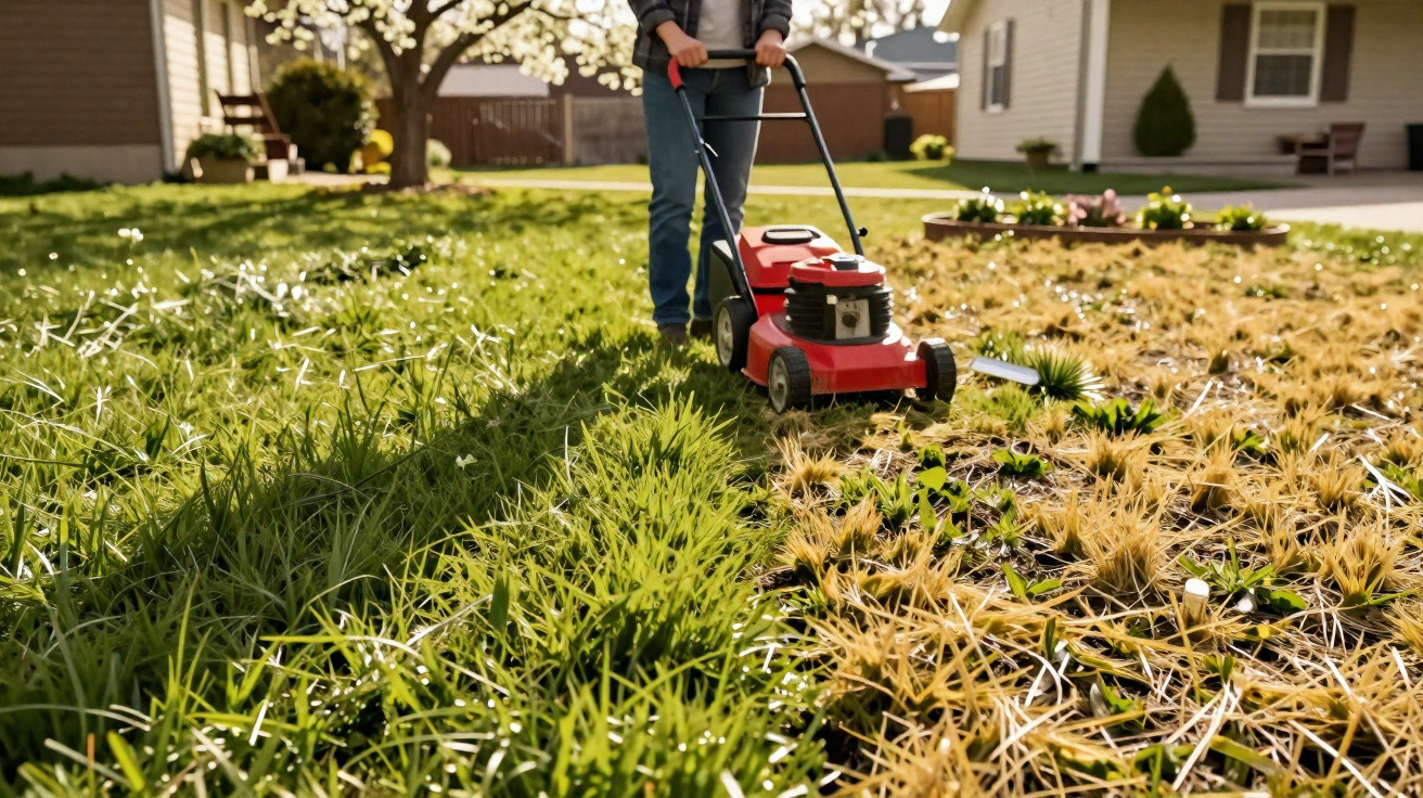 Person mowing an overgrown lawn with a red petrol lawnmower in a suburban garden on a sunny day.