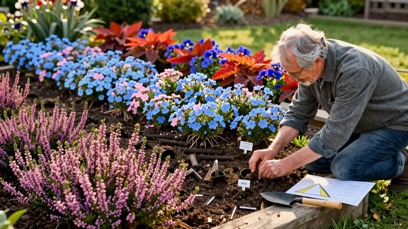 Elderly man planting flowers in a garden bed surrounded by colourful blossoms on a sunny day.
