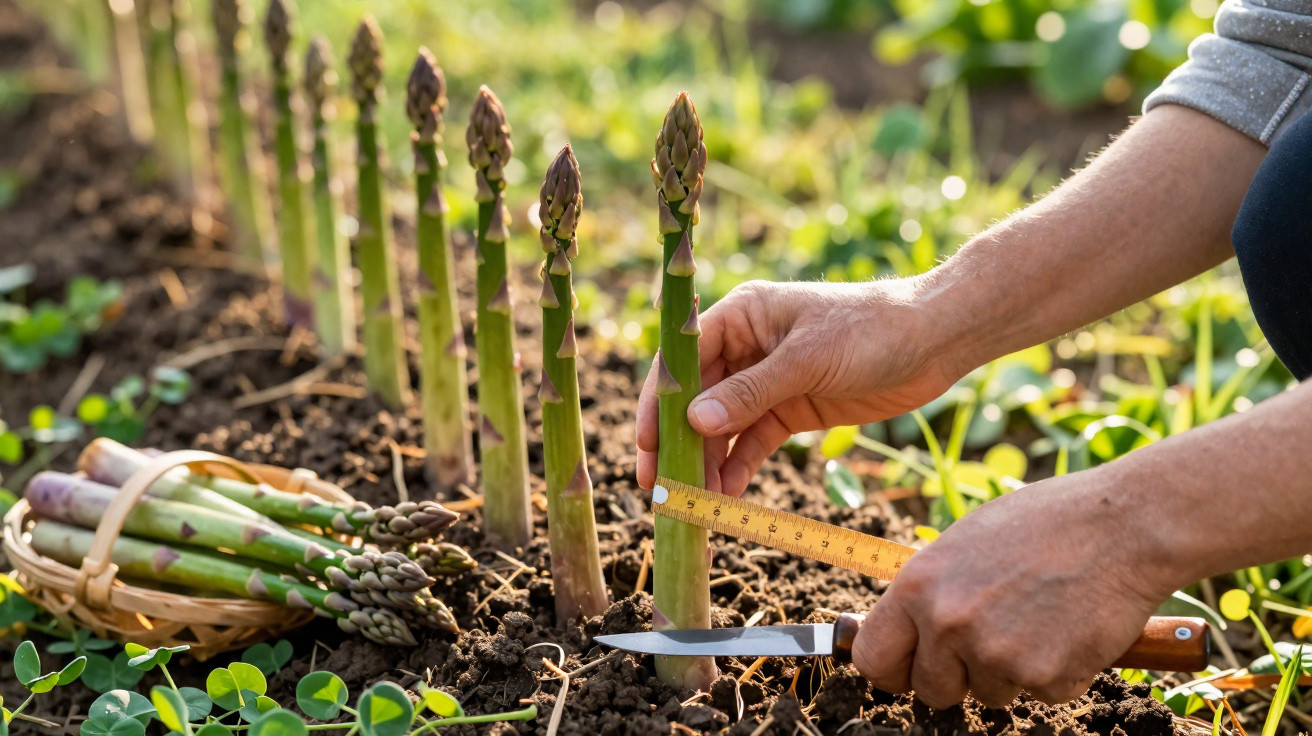 Hands measuring and cutting fresh asparagus spears growing in a garden bed with a basket of harvested asparagus nearby.