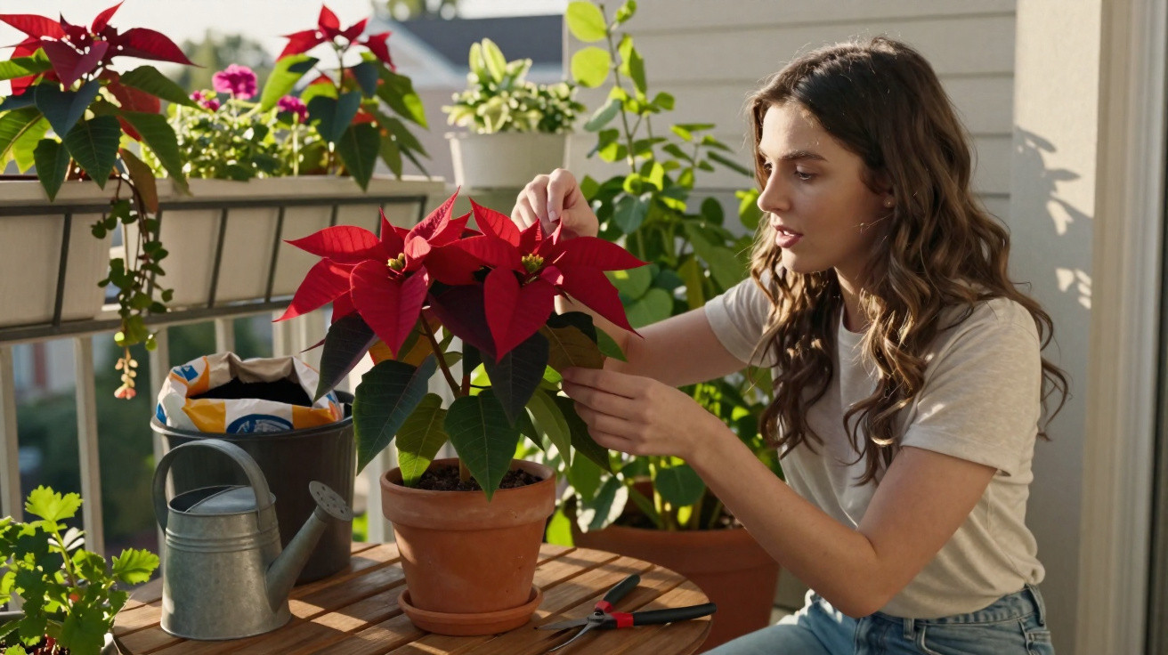 Young woman tending red poinsettia plant on balcony table with watering can and gardening tools nearby