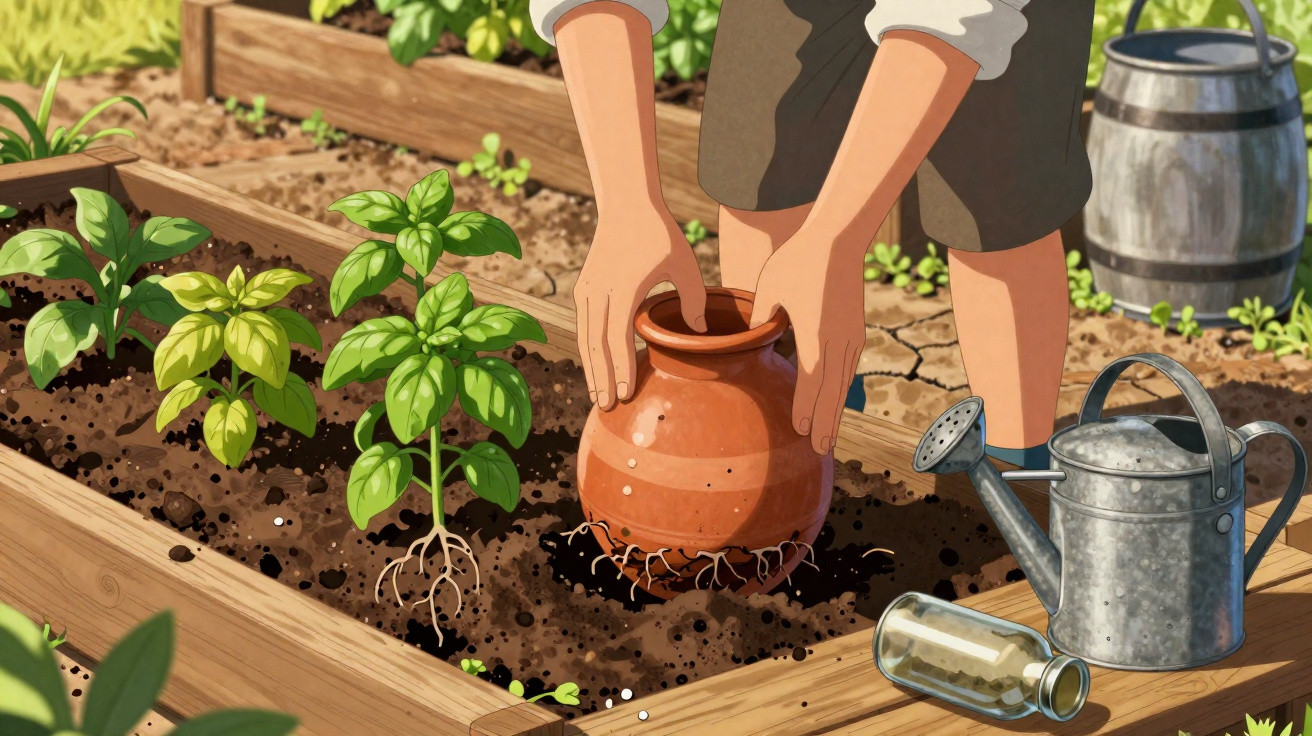 Person planting a terracotta pot with roots in a raised garden bed with basil plants and a watering can nearby.