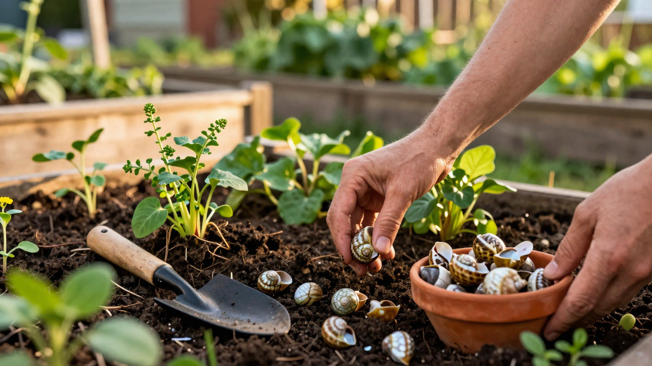 Hands collecting snails from soil in a garden bed with young plants and a small gardening trowel nearby.
