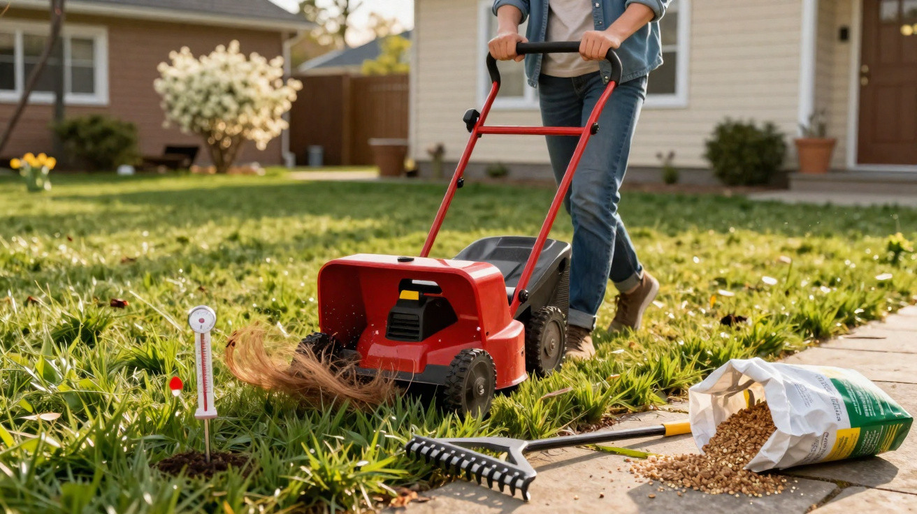 Person using a red lawn scarifier on grass near a rake and spilled garden seeds in a sunny yard.