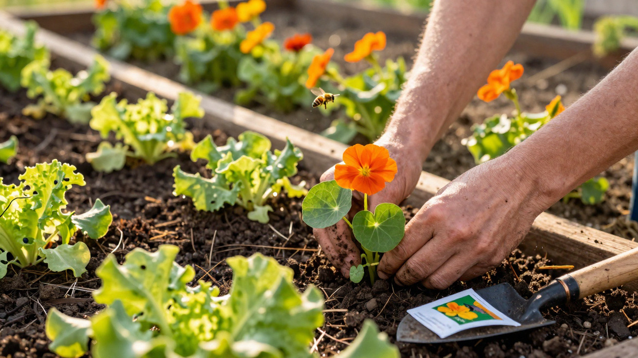 Hands planting an orange nasturtium flower in a garden bed with leafy greens and a gardening trowel nearby.