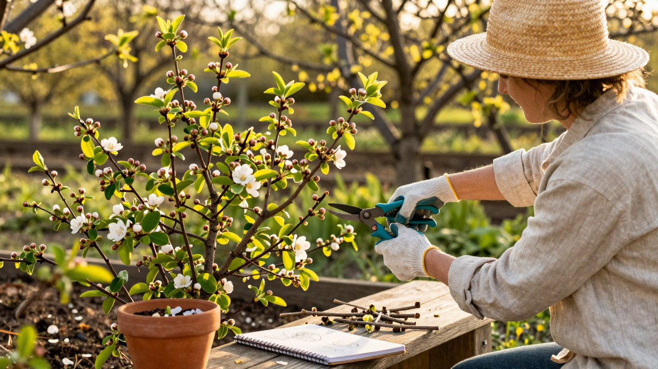 Person wearing straw hat pruning a blossoming plant outdoors in a garden during daylight.