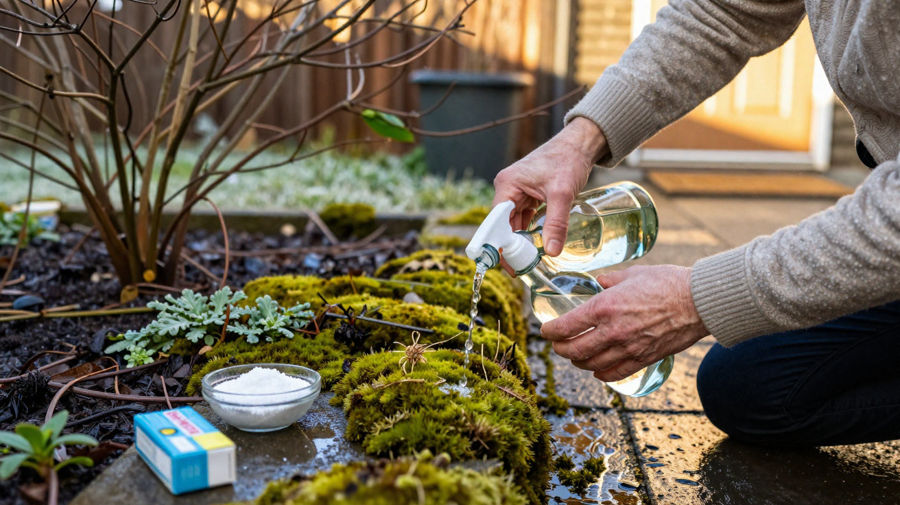 Person pouring liquid from a spray bottle onto moss in a garden next to a bowl of salt and a box.