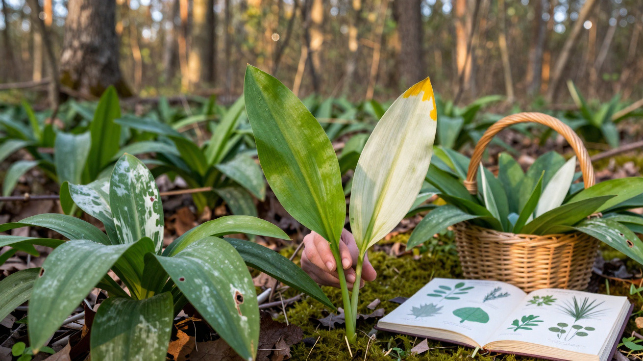 Person holding a variegated wild plant leaf among green leaves in a forest with a wicker basket and botany book nearby.