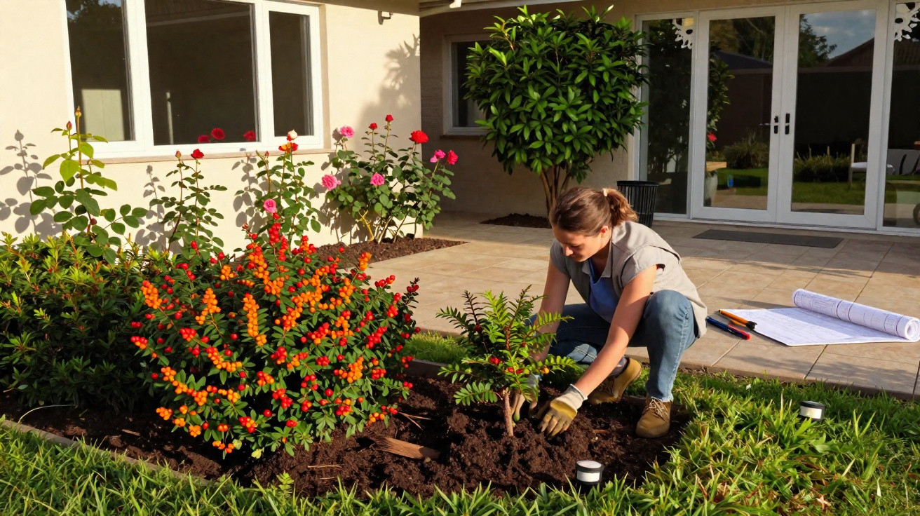 Woman planting a shrub in a garden bed outside a house with gloves and gardening tools nearby.