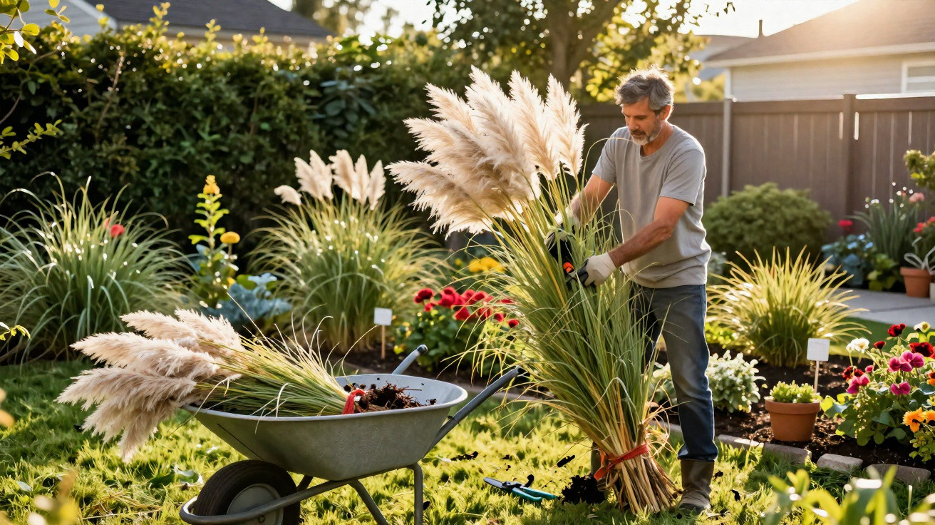 Man gardening in a sunny backyard, bundling pampas grass beside a wheelbarrow filled with clippings.