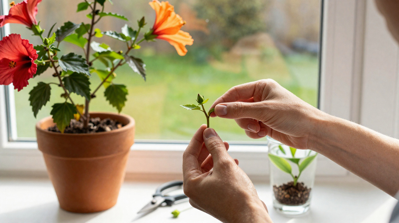 Hands pruning a small green plant cutting by a window with a flowering plant and scissors nearby.