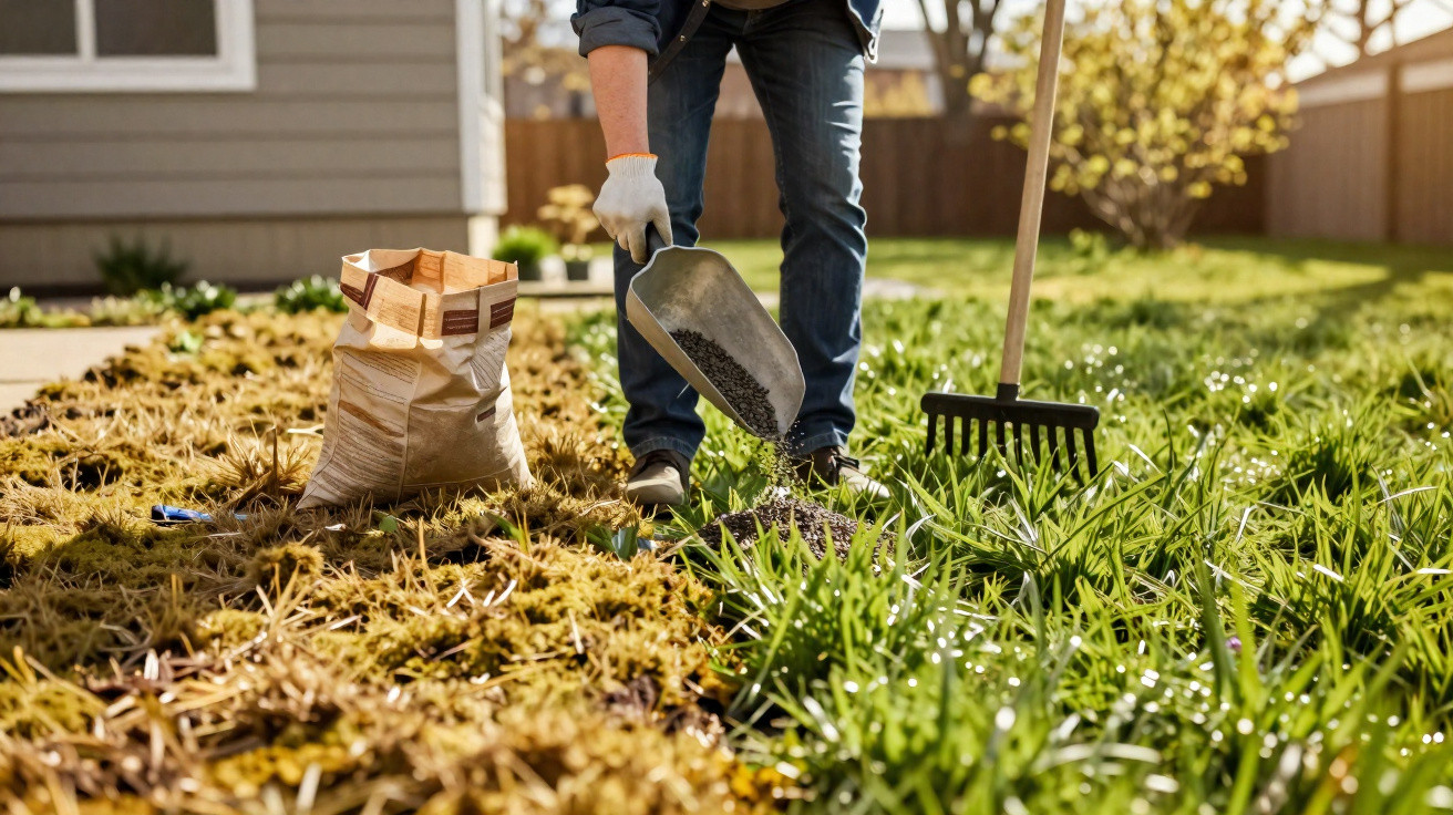 Person spreading lawn seeds on grass with rake and seed bag in a sunny backyard garden.