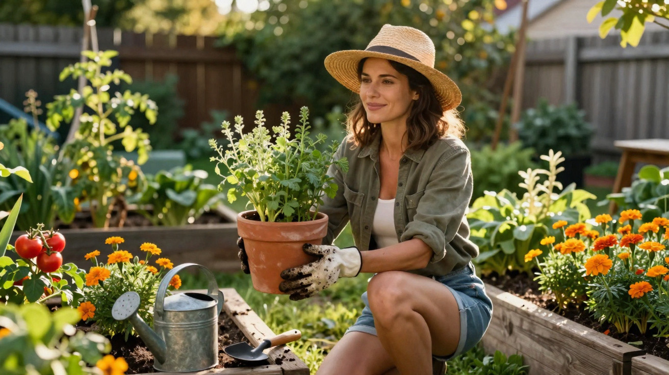 Woman in a straw hat gardening, holding a potted plant amidst raised flower beds in a sunny garden.