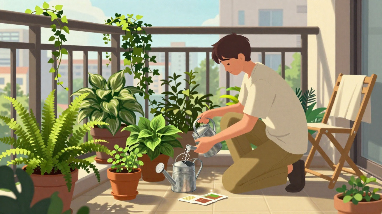 Person watering various houseplants on a sunlit balcony with city buildings in the background.