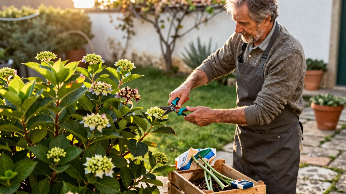 Older man pruning flowering plant with garden shears in sunny backyard garden.