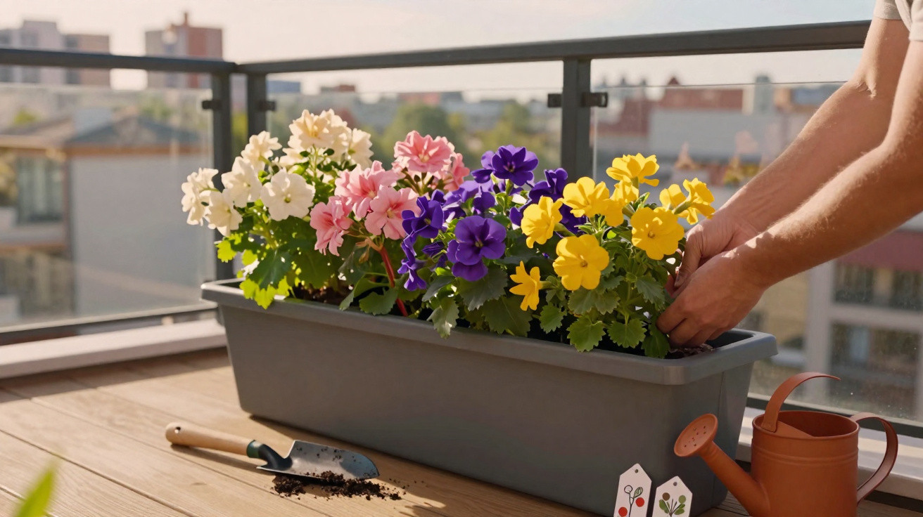 Person gardening colourful flowers in a grey planter on a balcony with a watering can and trowel nearby.